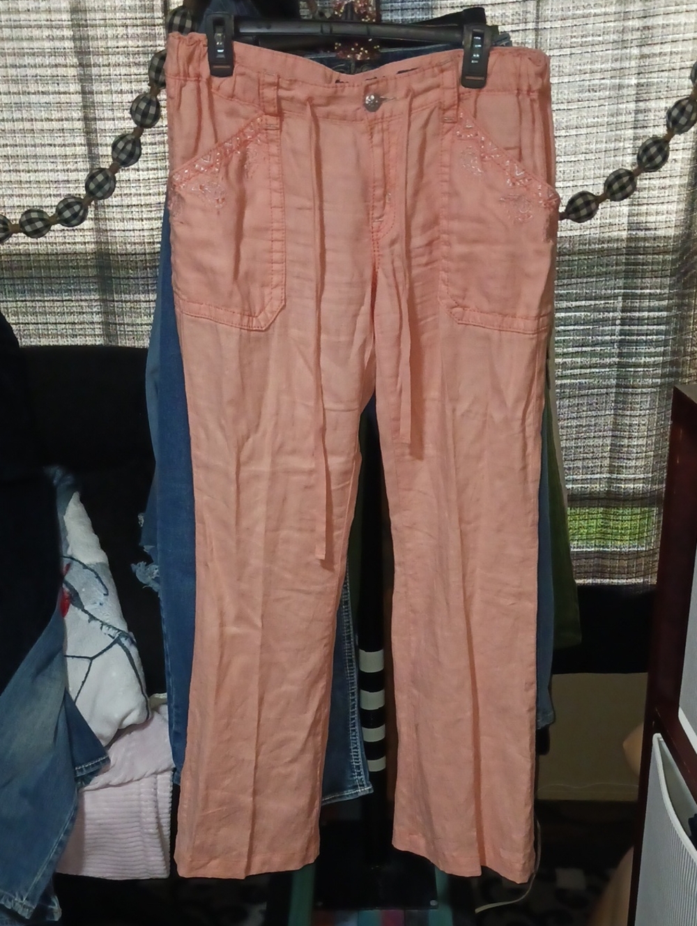 Miss Me Coral Straight-Leg Drawstring Pants with Embroidered Pockets